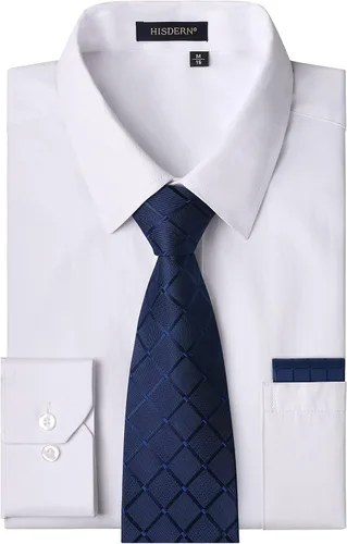 Vista 37 de HISDERN Mens Dress Shirt with Tie Pocket Square Set Classic Button Down Shirt Matching Tie Long Sleeve Shirts 08-verde