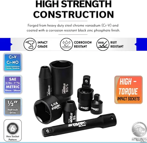 Vista 2 de Stark Elite Drive Master - Juego de llaves de vaso de impacto de 1/2 pulgada, 65 piezas de dados profundos y poco profundos SAE (3/8" a 1 1/4")