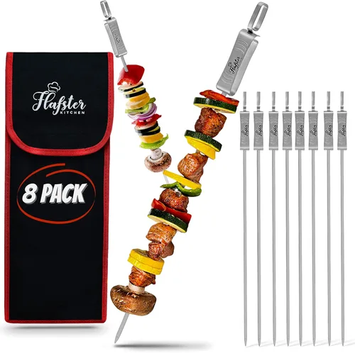 FLAFSTER KITCHEN - Brochetas de barbacoa para asar – Palos de Kebab planos de acero inoxidable de 16 pulgadas con barra de empuje, brochetas de