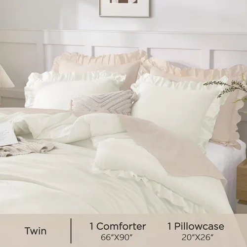 Vista 210 de Andency - Edredón beige con volantes tamaño individual, de 2 piezas, estilo rústico shabby clásico para niños, ligero y suave de microfibra