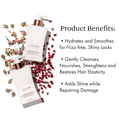 Vista 2 de Joon Juego de trío hidratante Elixir de pelo de azafrán de 1.1 onzas, champú y acondicionador de rosa de azafrán de 10.1 onzas