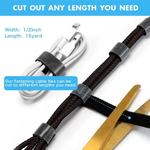 Vista 2 de WILLBOND Cintas de sujeción de 1/2 pulgada x 45 pies, bridas de cable reutilizables, cinta de nylon de doble cara, rollo de gancho y bucle, bridas