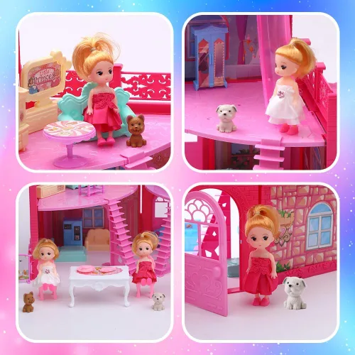 Vista 6 de Casa de muñecas, con 4 habitaciones, 2 muñecas, accesorios de muebles de juguete, área de juego para mascotas, tobogán, conjunto de casa de muñecas