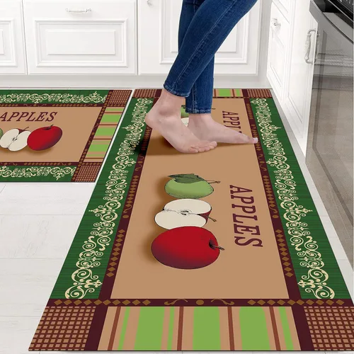 Vista 2 de Apple - Juego de 2 alfombras de cocina para el piso, antideslizantes, lavables, absorbentes, de microfibra, tapete de cocina de manzana para delante