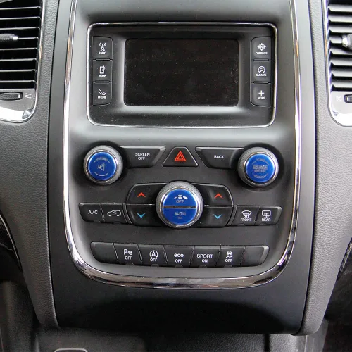Vista 4 de Interruptor de aire acondicionado de aleación de aluminio, botón de CD, cubierta de parche de luz permeable para Dodge Durango 14-20 15-22 Dodge Azul