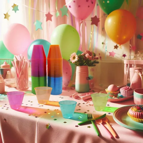 Vista 3 de Vasos de plástico para fiestas de Party Essentials, 9 onzas de capacidad, con brillo, Variado neón, 500