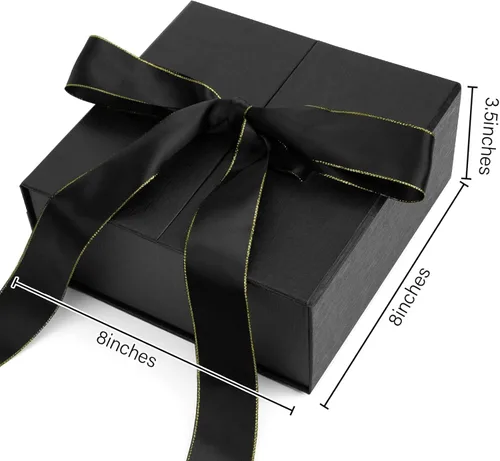 Vista 2 de JOHOUSE Caja de regalo negra, cajas de regalo de 8 x 8 x 3.5 pulgadas con tapas para regalos, cierre magnético con cinta para bodas, cumpleaños