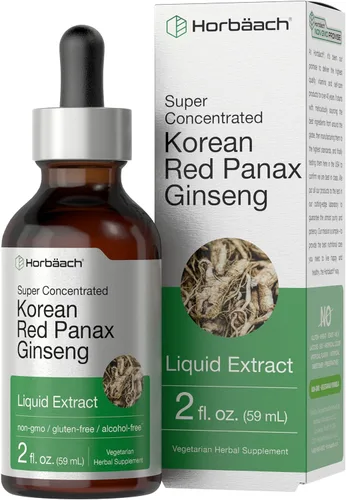 Horbäach Extracto líquido de panax ginseng rojo coreano, 2 onzas líquidas, suplemento vegetariano y sin alcohol para hombres y mujeres, sin OMG, sin