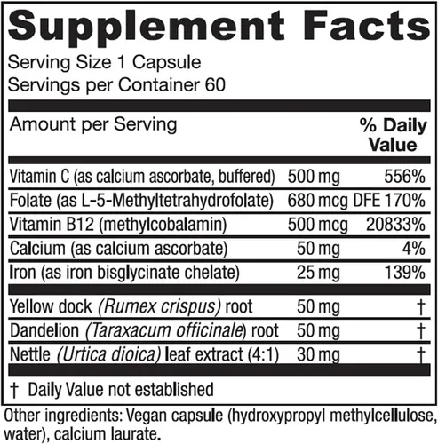 Vista 2 de Vitanica Hierro Extra, suplemento de hierro con absorción mejorada con vitamina C 500mg, metilfolato 400mcg, vitamina B12 500mcg, calcio, raicilla
