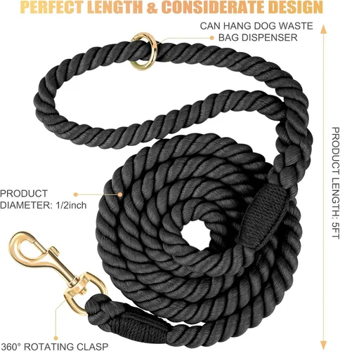 Vista 2 de Correa para perro de 5 pies hecha a mano de cuerda de algodón trenzada para perros pequeños, medianos y grandes, cierre de metal dorado resistente