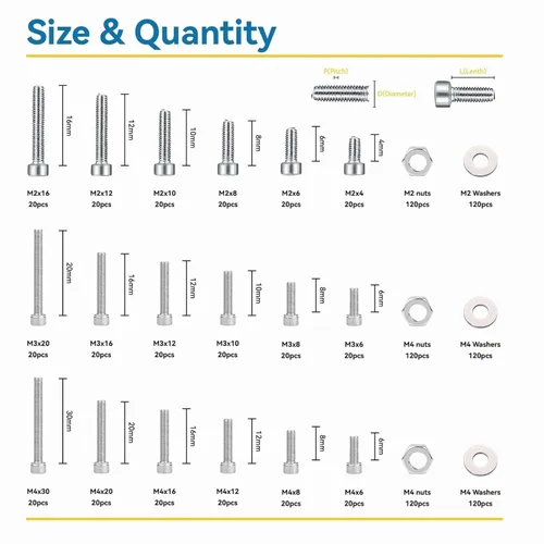 Vista 2 de Surtido de 1080 piezas, tornillos métricos M2 M3 M4, tornillos de cabeza hexagonal con socket, tornillos, tuercas y arandelas de acero inoxidable