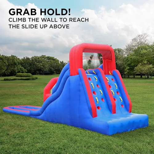 Vista 7 de Sunny & Fun Parque inflable de carreras acuáticas de doble chapoteo – Resistente para diversión al aire libre – Pared de escalada, dos toboganes