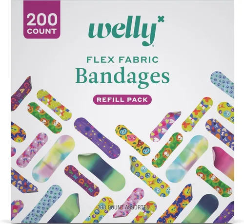 Welly Paquete listo para recambio de vendaje | Elegible por la FSA | Vendajes adhesivos de tela flexible | Formas y patrones surtidos a granel para
