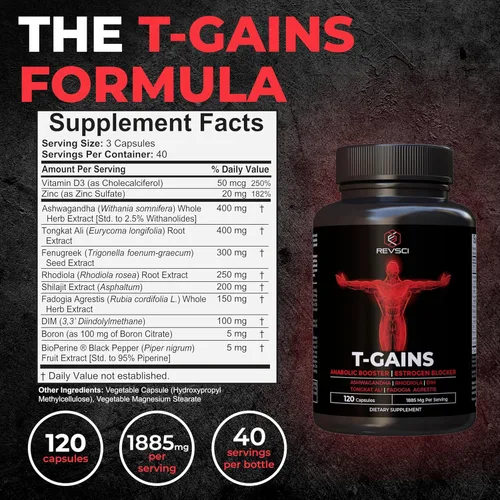 Vista 5 de Refuerzo anabólico y constructor muscular, suplemento de testosterona T-GAINS para hombres, refuerzo de prueba TRT y bloqueador de estrógeno