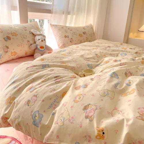 Vista 2 de LIWHENHAO Juego de funda de edredón para perro, tamaño twin, 100% algodón, ropa de cama de dibujos animados de cachorros, flores rosas sobre beige