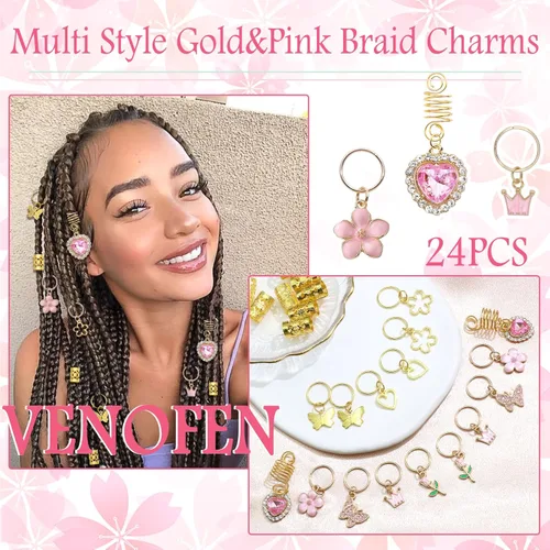 Vista 3 de 24 piezas de joyería de cabello rosa para el día de San Valentín, clips de trenzas de corazón, flor, mariposa, loc, anillo para el cabello