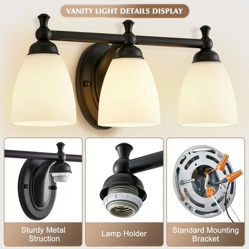 Vista 3 de EJIAXIN Luces de tocador para baño, 3 luces modernas sobre espejo, lámpara de baño negra, apliques de pared para dormitorio, iluminación para sala