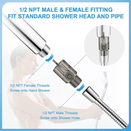 Vista 4 de Cabezal de ducha con palanca de mango, acero inoxidable 304, valor de control de flujo de agua de 1/2 pulgada, rosca NPT de 1/2 pulgada, regulador