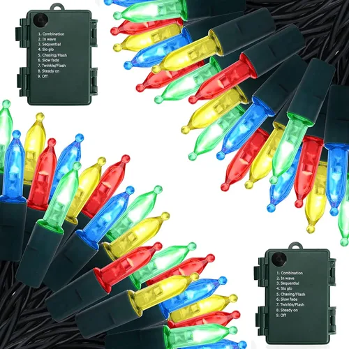 Vista 9 de Luces de Navidad a pilas, paquete de 2 mini tiras de 50 luces LED de 17 pies con 8 modos de temporizador automático, luces de árbol impermeables