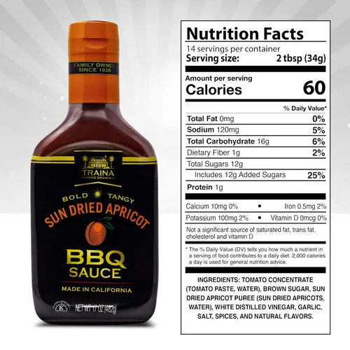 Vista 2 de Traina Home Grown California Salsa de barbacoa de albaricoque secado al sol, sin jarabe de maíz, sabor picante audaz empaquetado en botella de 17