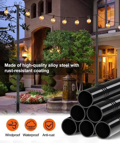 Vista 4 de Postes de luz de cadena de 9.5 pies, paquete de 2 postes de luz de cubierta para luces exteriores resistentes con base de anclaje y soporte, postes