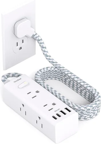 Vista 13 de One Beat Cable de extensión corto de 1 pie, regleta de alimentación de enchufe plano, 6 salidas amplias con 3 puertos USB (1 USB C), regleta