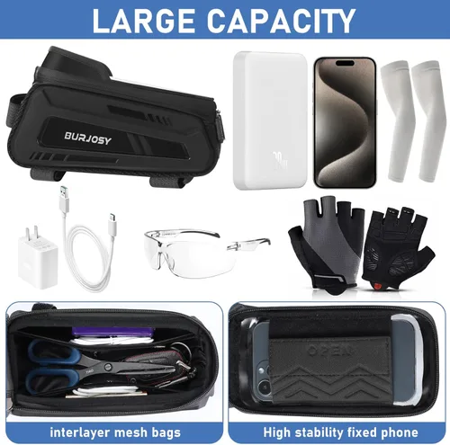 Vista 4 de Bolsa de marco frontal para teléfono de bicicleta, bolsa impermeable para teléfono con pantalla táctil de TPU y visera solar, accesorios
