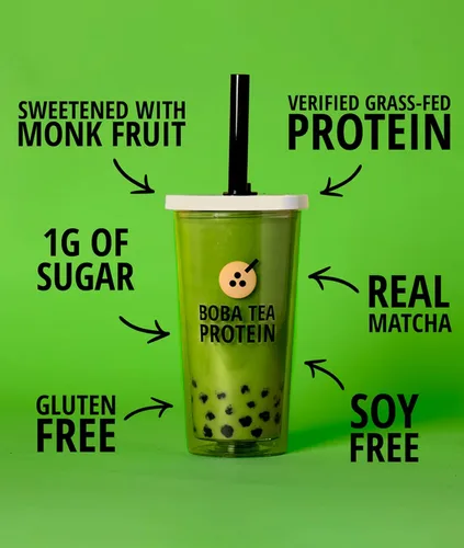 Vista 4 de Boba Tea Protein Matcha Latte Polvo aislado de proteína de suero alimentado con pasto de 0.88 oz Bebida de proteína de té de burbujas sin gluten
