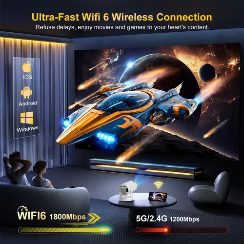 Vista 4 de Mini proyector con WiFi y Bluetooth, compatible con proyector portátil 1080P 4K, proyectores inteligentes Android 14 HY300 Ultra, corrección