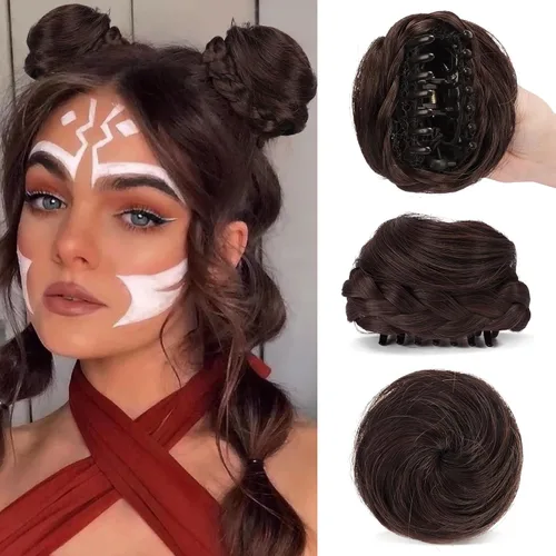 Vista 19 de SOFEIYAN 2 piezas de clip de pinza mini en extensiones de moño de cabello con orejas de gato desordenadas, accesorio de peluca de dona sintética