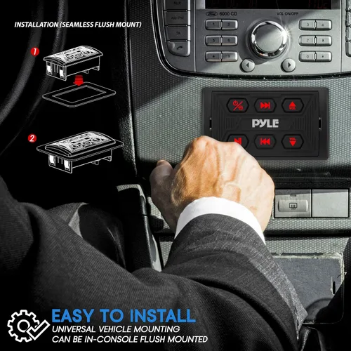 Vista 3 de Pyle PLMRBTSQ1 - Radio Bluetooth para automóvil, receptor marino impermeable, entradas USB y AUX, clasificación IPX6, montaje universal, incluye