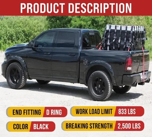 Vista 2 de Mytee Products - Red de carga resistente de 6' x 8' para cama de camioneta con anillos en D y accesorios de sujeción - Resistente red de carga