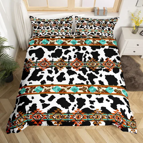 Vista 10 de Erosebridal Funda de edredón de piel de vaca marrón con estampado de vaca de las tierras altas, juego de ropa de cama occidental exótico azteca