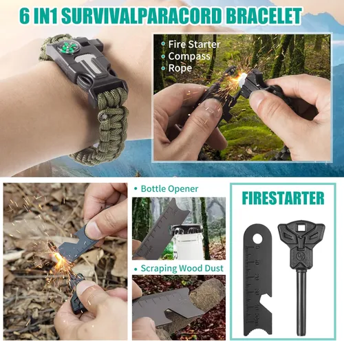 Vista 3 de Kit de supervivencia 20 en 1 para hombres, equipo de emergencia y campamento al aire libre, herramientas compactas de supervivencia, accesorios
