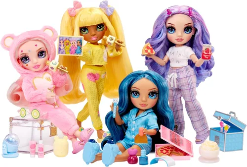 Vista 6 de Rainbow High Jr High PJ Party - Violeta, Muñeca de moda morada de 9" posable con enterizo suave, pantuflas, accesorios de juego divertidos, gran