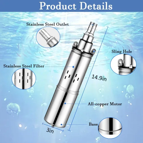Vista 2 de Bomba solar de pozo profundo de 24 V CC, bomba de agua sumergible de 260 W, elevación de 131 pies, bomba de agua con energía solar para uso