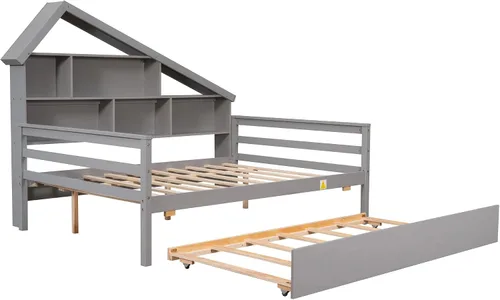 Vista 4 de ODC Cama de plataforma de tamaño matrimonial con nido y estantería, sofá cama de madera maciza con 5 estantes de almacenamiento, marco de cama