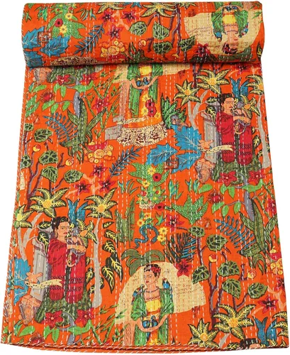 Vista 5 de Marubhumi Colcha de algodón puro Kantha con diseño tradicional indio de Farida (beige, individual (60 x 90 pulgadas)
