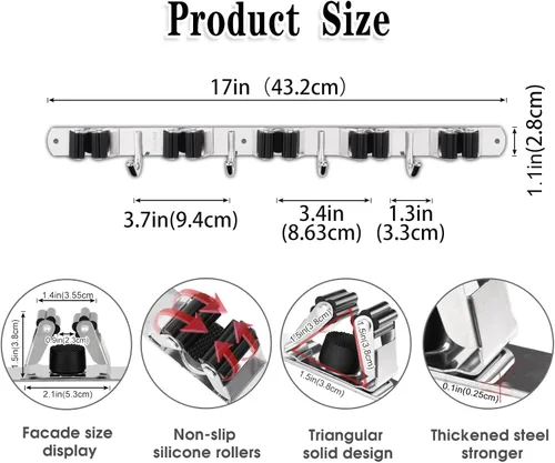 Vista 3 de AceMining 5 Racks and 4 Hooks Mop and Broom Holder Wall Mount, Broom Organizer Storage Tool Racks Stainless Steel Heavy Duty Hooks Self Adhesive