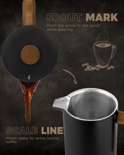 Vista 4 de POLIVIAR - Cafetera de prensa francesa, prensa de café de 34 onzas con mango de madera real, aislamiento de doble pared y pantalla de doble filtro