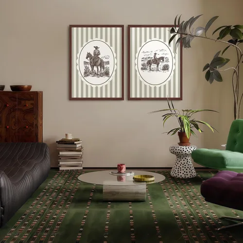 Vista 7 de 2 piezas de arte de pared de vaquero occidental, cuadros de decoración de pared de vaqueros a rayas sobre caballos, impresiones de pósters de lienzo