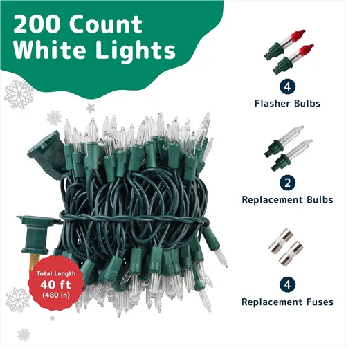 Vista 2 de PREXTEX Luces de Navidad (40 pies, 200 luces), luces blancas transparentes para árbol de Navidad con cable verde, tira de luces para interiores