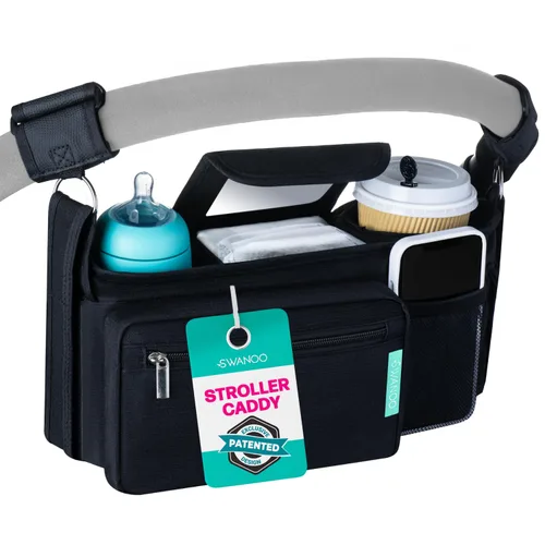 Organizador Caddy para cochecito Swanoo con soporte para taza, bolsa con correas antideslizantes para teléfono, accesorios para cochecito de