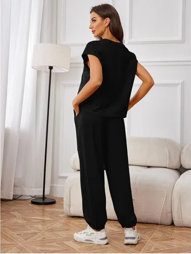 Vista 7 de Glamaker Conjunto deportivo de 2 piezas para mujer, sin mangas, cuello redondo, ajuste holgado, pantalones de cintura alta