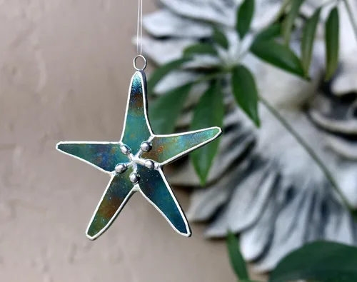 Vista 6 de Atrapasoles de Estrella de Mar de Vidrio Emplomado Perla Negra de 3" - Ideal para Decoración del Hogar Costero, Decoración de Dormitorio, Decoración