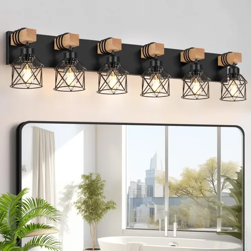 Vista 16 de FadimiKoo Lámparas de Tocador de Baño Estilo Granja de 2 Luces, Iluminación de Baño de Madera Sobre Espejo, Apliques de Pared Rústicos Negros