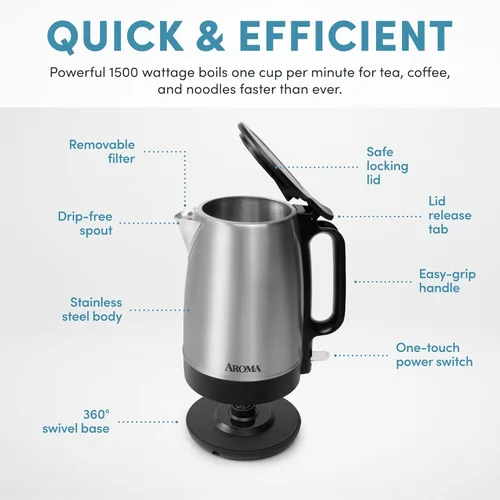 Vista 4 de AROMA® Hervidor eléctrico de 1.7 litros con ebullición rápida y apagado automático en acero inoxidable (AWK-1401SB)