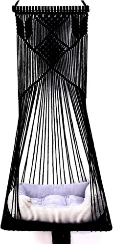 Vista 9 de Hamaca colgante de macramé para gatos, cama columpio para gatos, para ahorrar espacio, perca con algodón lavado para gatos, juguete con borlas