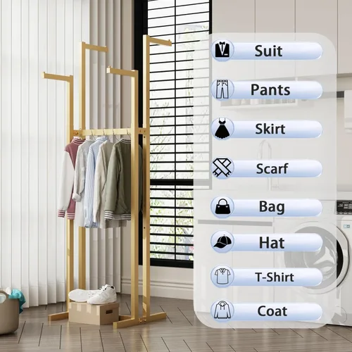 Vista 5 de Percheros Dorados para Ropa, Perchero de Metal con 4 Brazos Rectos, Perchero de Pie para Colgar Ropa Resistente, 46" a 63" de Altura Ajustable