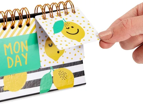 Vista 5 de Calendario perpetuo de papel para voltear de limón para escritorio de oficina, suministros de aula, calendario de escritorio con pantalla de día